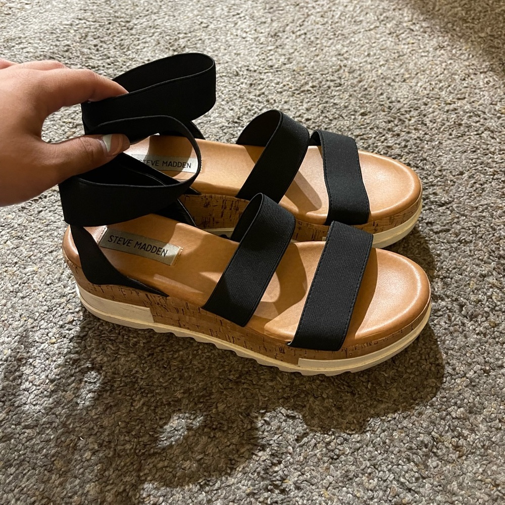 STEVE MADDEN BANDI ELASTIC CORK FLATFORM SANDALS
